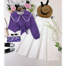 Lovie Moda Kadın Yaka İşlemeli Etekli Takım Mor