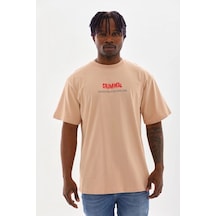 Barlashive Erkek Baskılı T-shirt Kısa Kol Bisiklet Yaka Rahat Kalıp Tişört - Bej Çok Renkli
