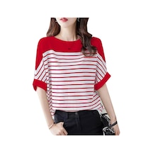 Zanzea Kadın Rahat O-yaka Kısa Kollu Çizgili Bluz Kırmızı