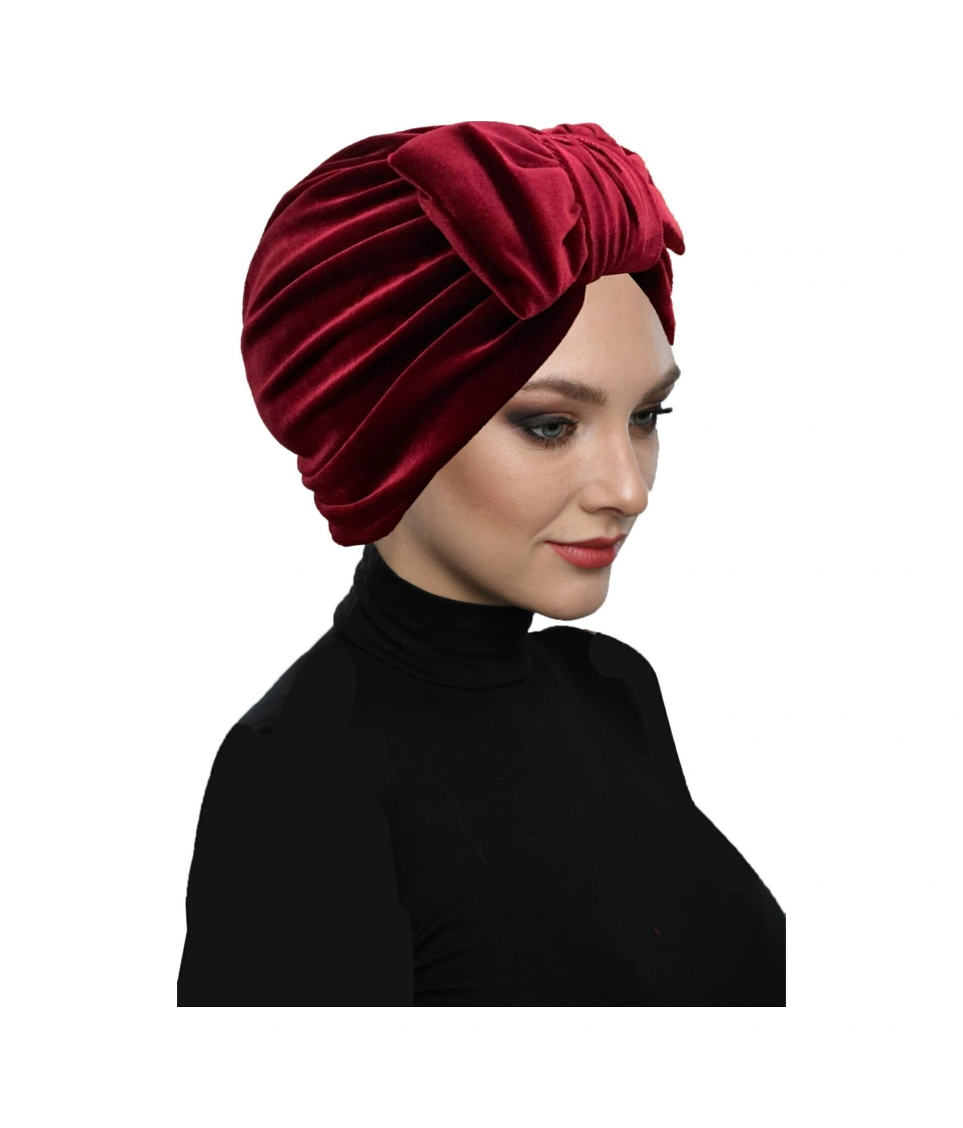 Kadife Fiyonklu Astarlı Bordo Hazır Türban Tesettür Bone Bordo