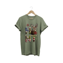 Hunting Avcılık Geyik Ve Kamuflaj Hunt Yazı Baskılı %100 Pamuk Regular Fit Bisiklet Yaka T-shirt Haki