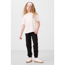 Tommylife Ekru-siyah O Yaka Baskılı Lastik Paçalı Standart Fit Kız Çocuk Eşofman Takım - 75186 Ekru/sıyah Ekru - Siyah