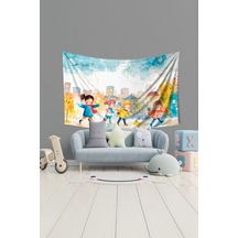 Renkli Çocuklar Desenli Duvar Halısı Duvar Örtüsü Çocuk Odası Tapestry Süet Dokulu Kumaş