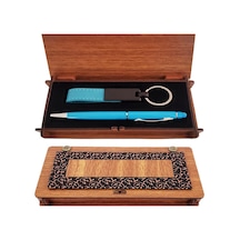 Ahşap Kutulu Kalem Anahtarlık Mavi Set Dekoratif Hediyelik