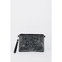 Vivaq Kadın Dikey Gümüş Taşlı Süet Bilek Askılı Ve Zincir Askılı Portföy El Ve Clutch Çanta SİYAH