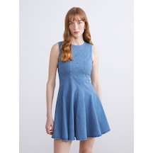 Lcw Comfort İndigo Bisiklet Yaka Peplum Mini Jean Elbise