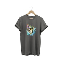 Fishing Balıkçılık Levrek Balığı Deniz Baskılı %100 Pamuk Regular Fit Bisiklet Yaka Gri T-shirt Gri