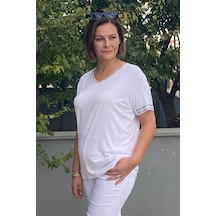 Mia Butik Büyük Beden Beyaz Yakası Taş Detaylı Bluz -1486 Beyaz