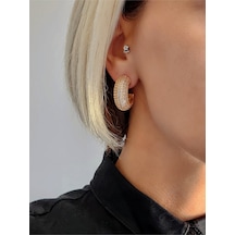 Yarım Halka Boru Model Full Taşlı Elegant Altın Kaplama Gold Renkli Çelik Küpe Gold