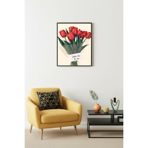 Doğal Ahşap Çerçeveli Retro Tablo - Kırmızı Lale Çiçek Desenli Huhu2795