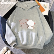 Beyaz Şeftali Ve Goma Hoodieşeftali Kedi Mochi Sevimli Romantik Kawaiiarka Gri