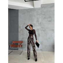 Zeo Basic Wide-leg Pantolon Leopar Desenli Kahverengi
