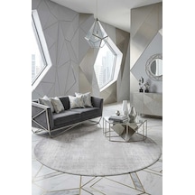 Geometrik Abstract Desenli Prato İpeksi Lüks Viskon Yuvarlak Halı Pr06 Gri Gri-bej
