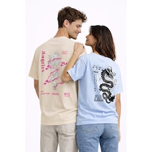 Sevgili Kombini Dragon Baskılı Çift Tişört Oversize Unisex Street Bej