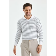 Erkek Patlı Slim Fit Çizgi Detaylı Uzun Kollu Polo Yaka Triko Kazak beyaz