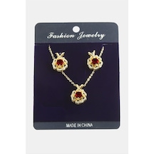 Zenviac456 Çiçek Zirkon Taşlı Set Kolye Zenviac45678 Kırmızı