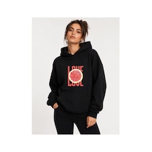 Herkesemoda Portakal Dilimi Baskılı Kapüşonlu 2 İplik Şardonlu Sweatshirt Siyah