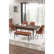 Canisa Concept Zen Serisi 80x132 Mdf Açılabilir Barok Ahşap Desen Masa Takımı 4 Kiremit Sandalye Ve 1 Bench Masa Barok Sandalyeler Kiremit