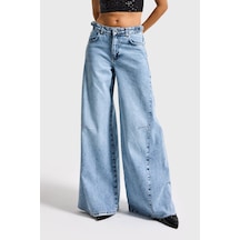 Itsbasic Kadın Kot Rengi 4s6-3 Baggy Palazzo Fit Kemer Detaylı %100 Koton Denim Jean Mavi