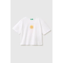 United Colors Of Benetton Kız Çocuk Beyaz Ön Ve Arka Baskı Detaylı Boncuk İşlemeli Geniş Yaka T-shirt 6-14 Yaş-2863