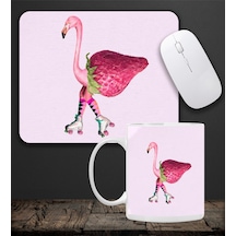 Baskılı Kupa & Pembe Çilekli Flamingo Motifli Mouse Pad 23x19cm Fare Altlığı Kaydırmaz Taban De586 Ofis Hediyesi