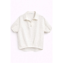 Mixray 4901 Kadın Polo Yaka Yarım Patlı Kraş Dokulu Crop Gömlek Ekru