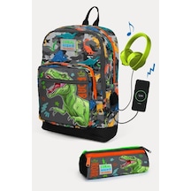 Coral High Kids Siyah Gri Dinozor Desenli Usb'li 2'li Okul Çanta Seti - Erkek Çocuk