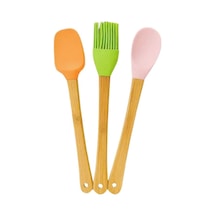 3'lü Renkli Bambu Saplı Silikon Spatula Seti Uzun 26cm Renkli