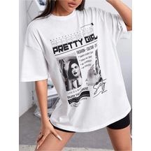 Unisex Beyaz Preetty Girtl Baskılı Oversize T-shirt 001