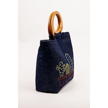 Fabric Craft Bag El Çantası Kot Kumaş Ahşap Saplı Kaktüs Nakışlı İçi Astarlı Mıknatıslı 38x30 Cm Kot Lacivert