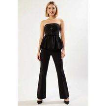 Benerly Kadın Straplez Düğmeli Peplum Bluz Flare Pantolon Dokuma İki Parç siyah