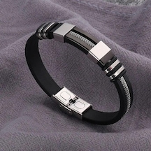 Siyah Moda Paslanmaz Çelik Bilezikler Bilek Bandı Siyah Silikon Punk Bileklik Rahat Bilezik Siyah