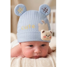 Kayra Baby Erkek Bebek Cute Ayıcık Figürlü Penye Şapka 0-9 Ay Mavi