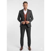 Erkek Çizgili Takım Elbise 3 Lü Set Ceket + Yelek + Pantolon Slim Fit İtalyan Tarz Siyah Erkek Çizgili Takım Elbise 3 Lü Set Ceket + Yelek + Pantolon Slim Fit İtalyan Tarz Siyah