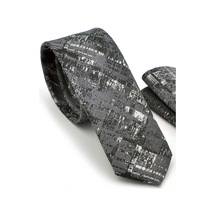 Gaffy Siyah Beyaz Motif Desenli Gri Dokuma Kumaş Mendilli Slim Fit Krav Siyah