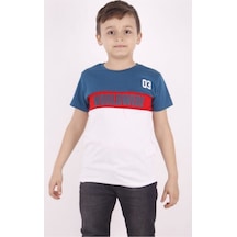Toontoy Kids Toontoy Erkek Çocuk Baskılı Bisiklet Yaka Kısa Kollu Tişört - Renk Bloklu Petrol Mavi