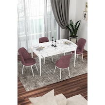Canisa Concept Kor Serisi 70x114 Açılabilir Mutfak Masası Takımı Beyaz Mermer Desen Masa 4 Gül Kurusu Sandalye Masa Beyaz Mermer Desen Sandalyeler Gülkurusu