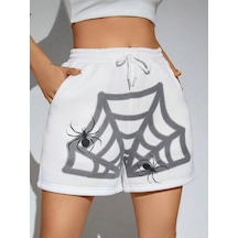 Punk Halloween Spider Web Print Drawstring Waist Şort Beyaz