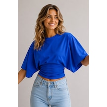 Overmax Bele Oturan Oversize Kollu Premium Crop Bluz Mavi - 880759104 Mavi