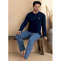 Erkek Yarım Kapama Düğmeli %95 Pamuklu Likralı Çizgili Pijama Takım Lacivert