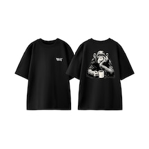 Thewert Monkey Coffee Tasarım Sırt Baskılı Pamuk Siyah Oversize T-shirt