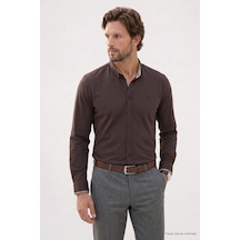 Tudors Regular Fit Rahat Kesim Oxford Doku Uzun Kollu Düğmeli Yaka Pamuklu Koyu Kahve Erkek Gömlek-52915