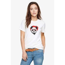 Gözlüklü Panda Baskılı Beyaz Kadın Tshirt (534306515)