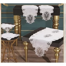 Salon Takımı 5 Parça Keten Dantelli Masa Örtüsü Runner Seti Anna Model - Krem