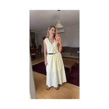 Jenerik Ekru Keten Bağlamalı Yelek Etek Takım Renksiz