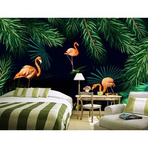 Yeşil Yapraklar Ve Flamingo Desenli Duvar Kağıdı