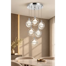 Modern Premium Krom 6'lı Sarkıt Avizesi Ledli Cam 27w Beyaz Işık 4000k Modelleri Salon Yatak Odası