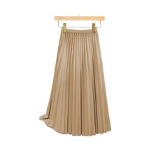 Kadın Pileli Etek Elastik Yüksek Bel A Kesim Uzun Etek Düz Renk Rahat Kumaş Çok Yönlü Etek Günlük Giyim Şampanya