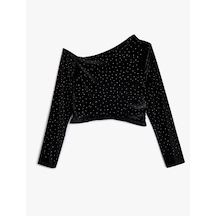 Koton Kadife Bluz Taş Detaylı Asimetrik Yaka Omzu Açık Slim Fit Siyah 5wal60005ık Siyah
