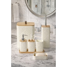 Makri Home 7 Parça Desenli Kare Bambu Kapaklı Beyaz Banyo Seti, Hacim: 8 Litre Beyaz